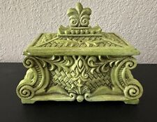 VTG MCM Avocado Green Ornate Chalk Ware Rectangle Jewelry Treasure Box With Lid picture