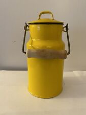 Vtg Enamel Milk Can Jar Container Yellow Made in Poland 2 Piece w/ Wooden Handle picture