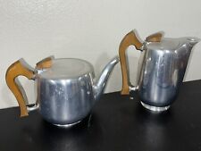 Vtg Mid-Century Picquot Ware Teapot & Coffee Pot Aluminum & Wood Made in England picture