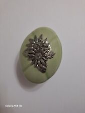 Vintage Pale Green Oval Jewelry Box Lid Pewter Sunflowers 4 1/4