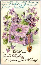 VINTAGE POSTCARD FLOWERED EMBOSSED JEWELRY BOX CLOVER LEAF BIRTHDAY (1910s) picture