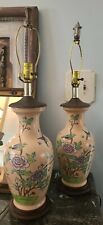 2 FIERCE Vintage Porcelain Chinoiserie Style Lamps Birds Flowers coral blu Green picture