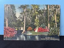 Vintage Florida Linen Postcard Reflection Pool at Florida Cypress Gardens c1950s picture