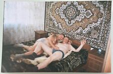 Shirtless Affectionate Couple Men Hugging in Bed Bulge Trunks Gay Interest Photo picture