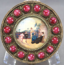 Antique French Gilt Bronze Hand Painted Scene Trinket Box Maroon Jewels  picture