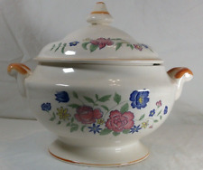 Vintage 2Q Ceramic Soup Tureen: 12”x 8.5” Floral Wicker Basket & Lid (Japan) picture