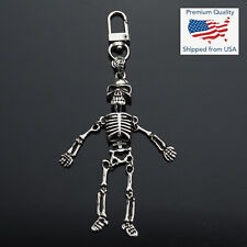 Vintage Silver Jointed Skeleton Bones Skull Charm Pendant Key Ring Clip Gift picture