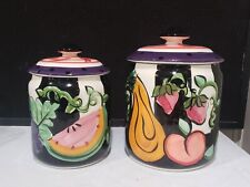 Set of 2 Vicki Carroll Hand Painted Fruit Veggies Striped Ceramic Canisters picture