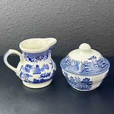 Vintage Churchill Blue Willow Creamer & Sugar With Lid Made In England picture
