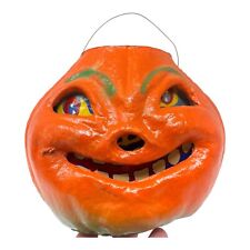 RARE 1940's Large Paper Pache Halloween Pumpkin JOL with Face and Wire Handle picture