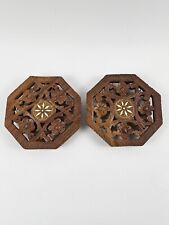 Vintage Trivets Flowers Hand Carved Wood India picture