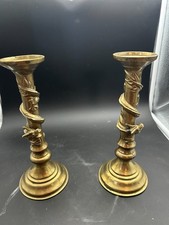 19c Pair Chinese Brass Dragon Candlesticks Wrapped Column Spiral Taper Holders picture