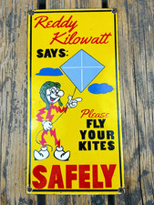 VINTAGE 16X8” REDDY KILOWATT FLY KITES SAFELY ELECTRIC GAS OIL PORCELAIN SIGN picture