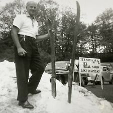 D4 Found Photograph 1950's Handsome Bald Man Skis Lake Placid New York Sign Snow picture