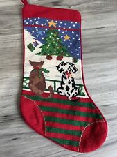 VTG Christmas Stocking Needlepoint Embroidery is Wool Dog Cat Tree Red Velvet picture