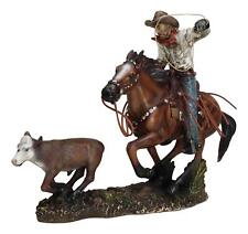 Rustic Western Cowboy Riding On Horse Rodeo Tie Down Roping A Calf Figurine picture