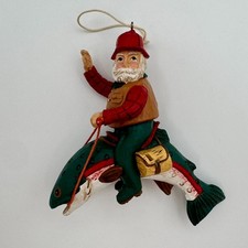 Santa Riding Fish Christmas Ornament Pine Tree Lodge Midwest Cannon Falls Box picture