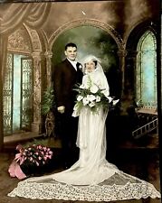 Antique 1920s Wedding Tinted Photo Bride Groom Period Dress Hat 8 By 10 picture