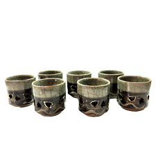 Vintage Set of 7 Somayaki Heart Soma Ware Walled Ceramic Cups Japan picture
