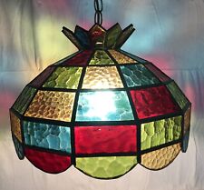VINTAGE MID CENTURY RETRO MULTICOLORED STAINED GLASS SHADE HANGING LIGHT BAR picture