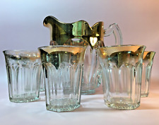 Antique Barware 48 oz Pitcher & 5 Low-Ball Glasses, Gold Trim ~ Lancaster Glass picture