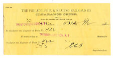 1892 - PHILADELPHIA & READING RAILROAD CO CLEARANCE ORDER - TRENTON JUNCTION NJ picture