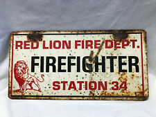 Vtg Red Lion Fire Dept Firefighter Station 34 Steel License Plate Memorabilia picture