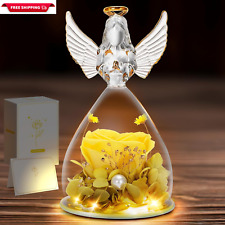 Preserved Flowers Gift for Mom, Grandma, Angel Figurine with Yellow Rose & Light picture