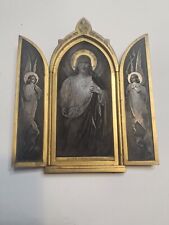 Antique Metal Triptych Icon Jesus Bernard Wicker Engraver France Late 1800s 1900 picture