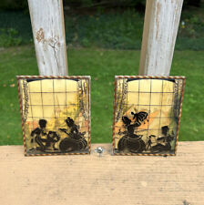 Vintage Pair Reverse Painted Silhouette Pictures Convex Glass 4x5” picture