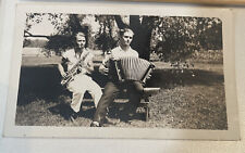 Vtg Photo 2  Handsome Young Men Playing Sax & Accordion On A Bench,Black & White picture