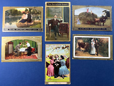 6 Romance Couples Mixture Greetings Antique Postcards. Gold Borders. picture