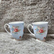 SET OF 2 STECHCOL GRACIE BONE CHINA BLUE,WHITE, FLORAL,FLOWER TEA COFFEE MUG,CUP picture