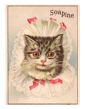 c.1890 Soapine Trade Card Cute Kitten Cat Wearing Bonnet Clothes Pink Ribbon VTG picture
